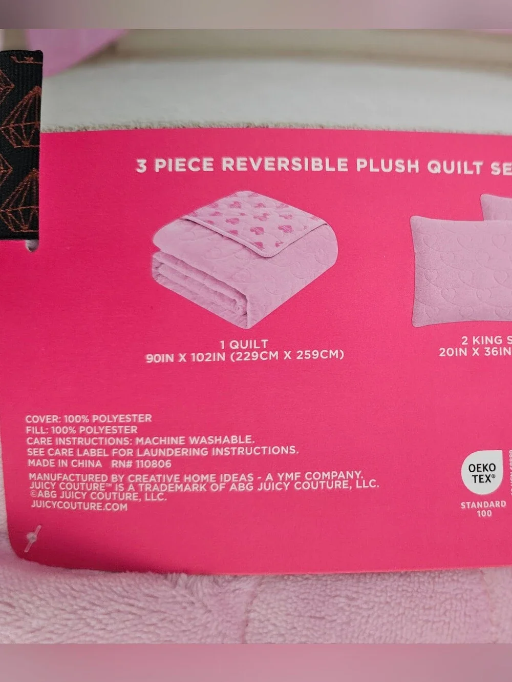 NWT JUICY COUTURE KING SIZED 3 PIECE PLUSH REVERSIBLE QUILT SET! PINK! JC!